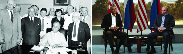 Presidents Hoover and Roosevelt at a press conference, 1932