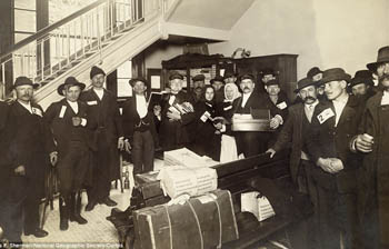 Black and white photograph of immigrants on Ellis Island