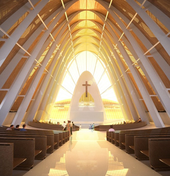 barren interior of a well lit futuristic church