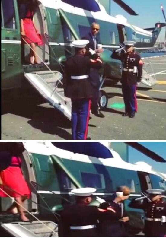 President Obama saluting soldiers while holding a coffee cup