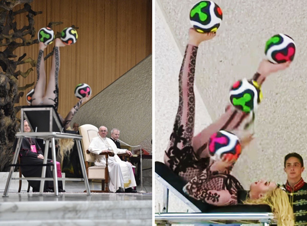 Two photographs depicting the nearly naked female acrobat in the Vatican performing for Pope Francis