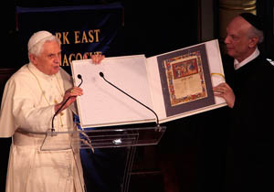 Benedict at the synagogue giving a legal manuscript